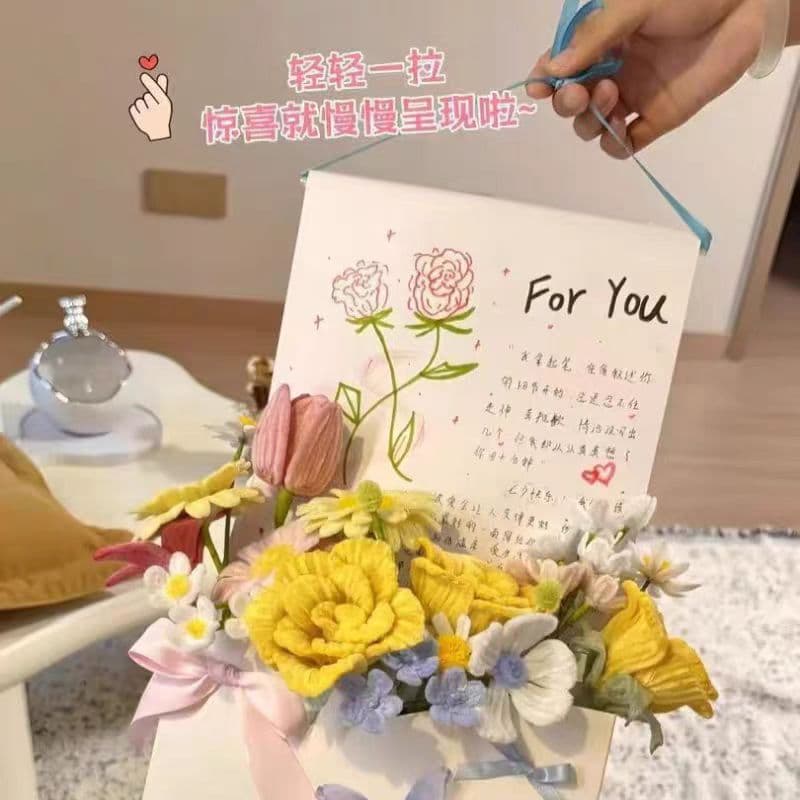 Envelope Bouquet Handmade DIY Chenille Stems Craft Kit, 1 Meter Long Handwritten Love Letter Scroll, Gift for Girlfriend on Qixi Festival