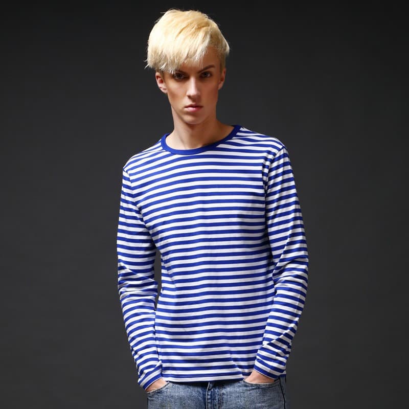 2026 Spring and Autumn New Men's Long Sleeve Large Size T-shirt Sea Soul Shirt Pure Cotton Striped T-shirt Striped One Piece Wholesale