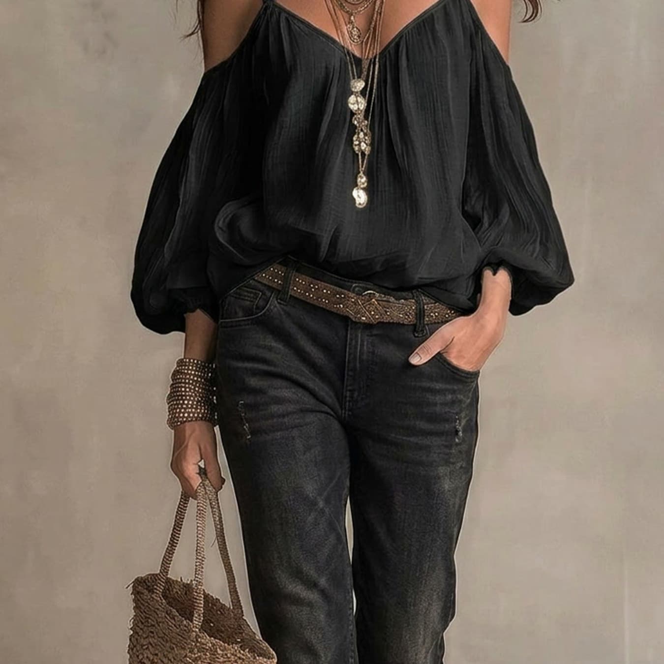 2026 European and American Cross-Border New Women's Loose Fitting Slinky Off-Shoulder Camisole with Lantern Sleeves Solid V-Neck Top