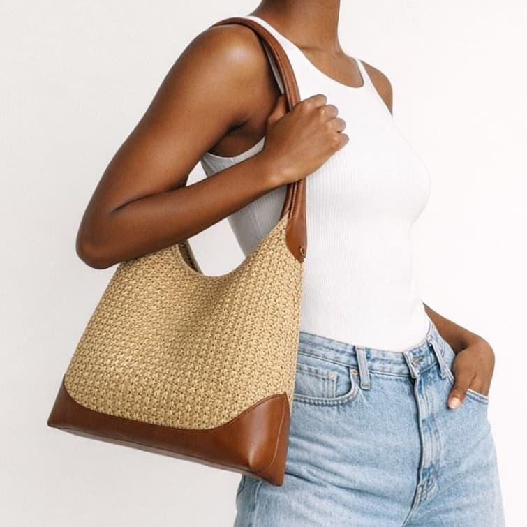 Spring and Summer New Straw Woven Bag Beach Vacation Tote Colorblock Bucket Bag Fashion Shoulder Bag for Women