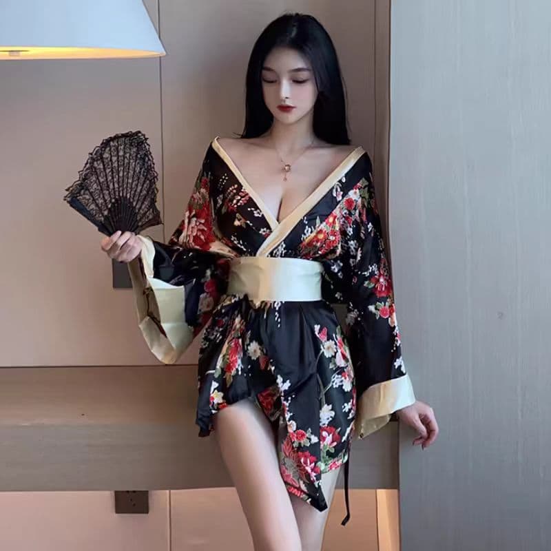 032 Lingerie Japanese Women's Kimono Bow Print Sexy Women's Wear Oriental Dancer Temptation No-Need-to-Remove Uniform