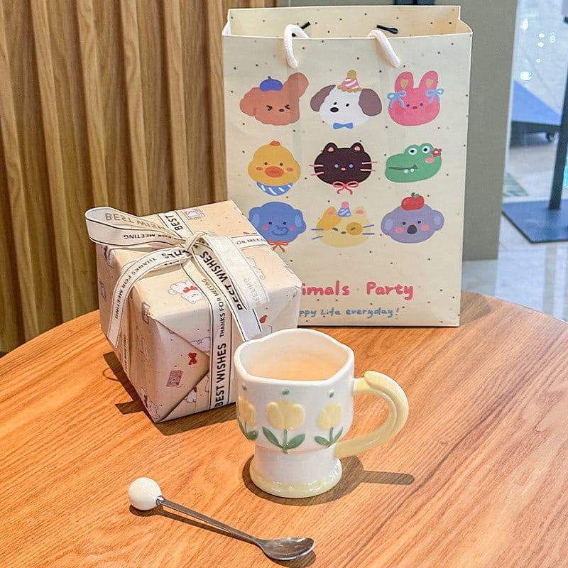 High-Aesthetic Tulip Goblet Ceramic Mug for Women's Birthday Gift, Cute Coffee Cup, Exquisite Gift Box Set