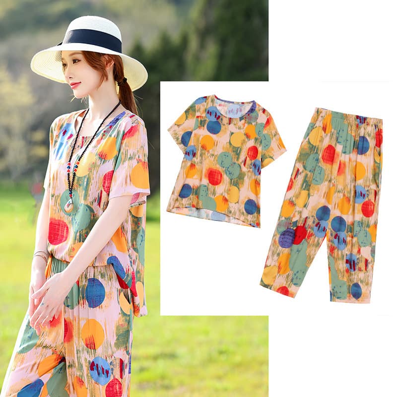 Pure Cotton Silk Set for Middle-Aged and Elderly Women Summer Thin Air Conditioning Shirt Mom Short Sleeve Homewear Two-Piece Set Outdoor Wear