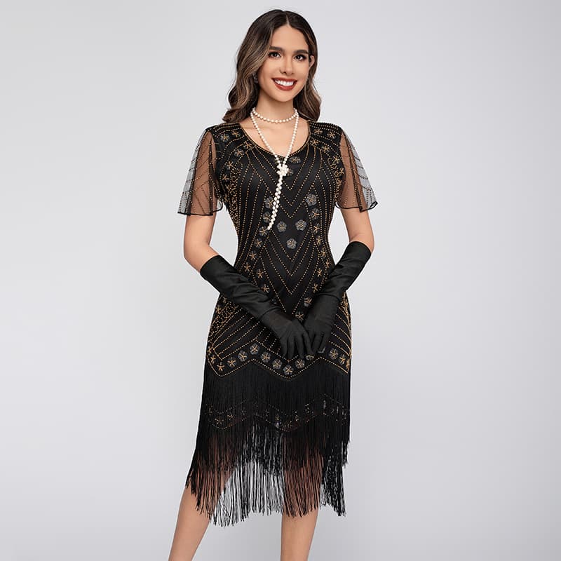 Sequin Fringe Dress 1920 Euro-American Retro Gatsby Party Beaded Short Sleeve Dress Amazon Cross-border