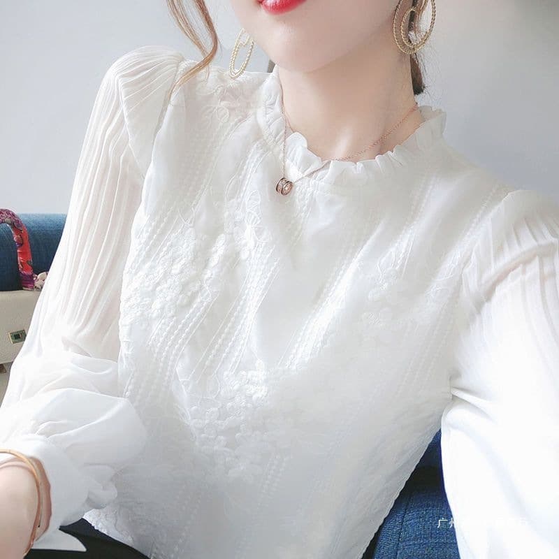 Women's Chiffon Blouse 2026 Autumn New Arrival Elegant Lace Patchwork Lantern Sleeve White Shirt Long Sleeve Top