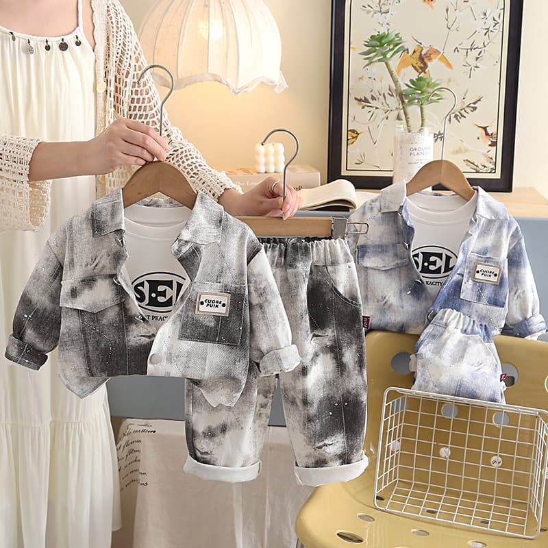 Boy's Autumn Outfit Set 2026 Spring and Autumn Baby New Children's Fashionable Tie-Dye Pocket Label Three-Piece Set Clothes Trendy