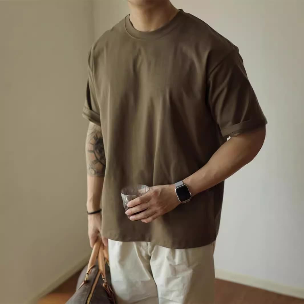 American Heavyweight Loose Fit T-Shirt for Men Casual Solid Short Sleeve Vintage Workwear Versatile Undershirt Half Sleeve