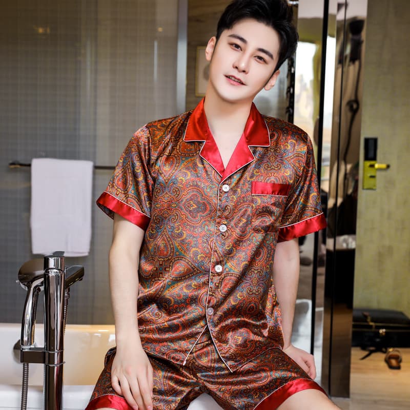 Men's Summer Ice Silk Sleepwear Short Sleeve Thin Home Clothes Set Comfortable Breathable Casual Polyester Fabric Short Pants