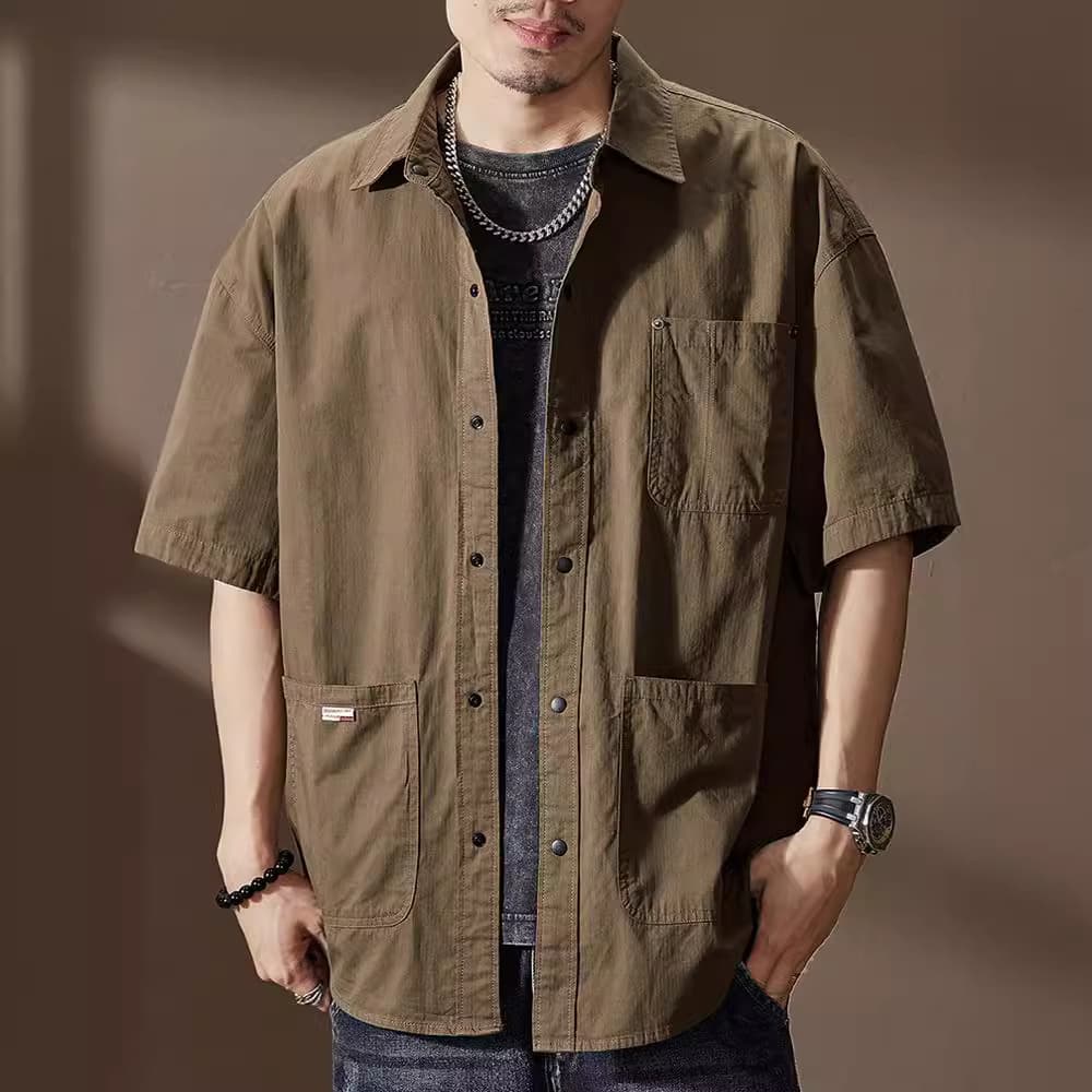 American Retro Brown Tooling Short-Sleeve Shirt for Men, Summer Trendy Brand High-End Mountain Style Loose Casual Shirt Men's Jacket