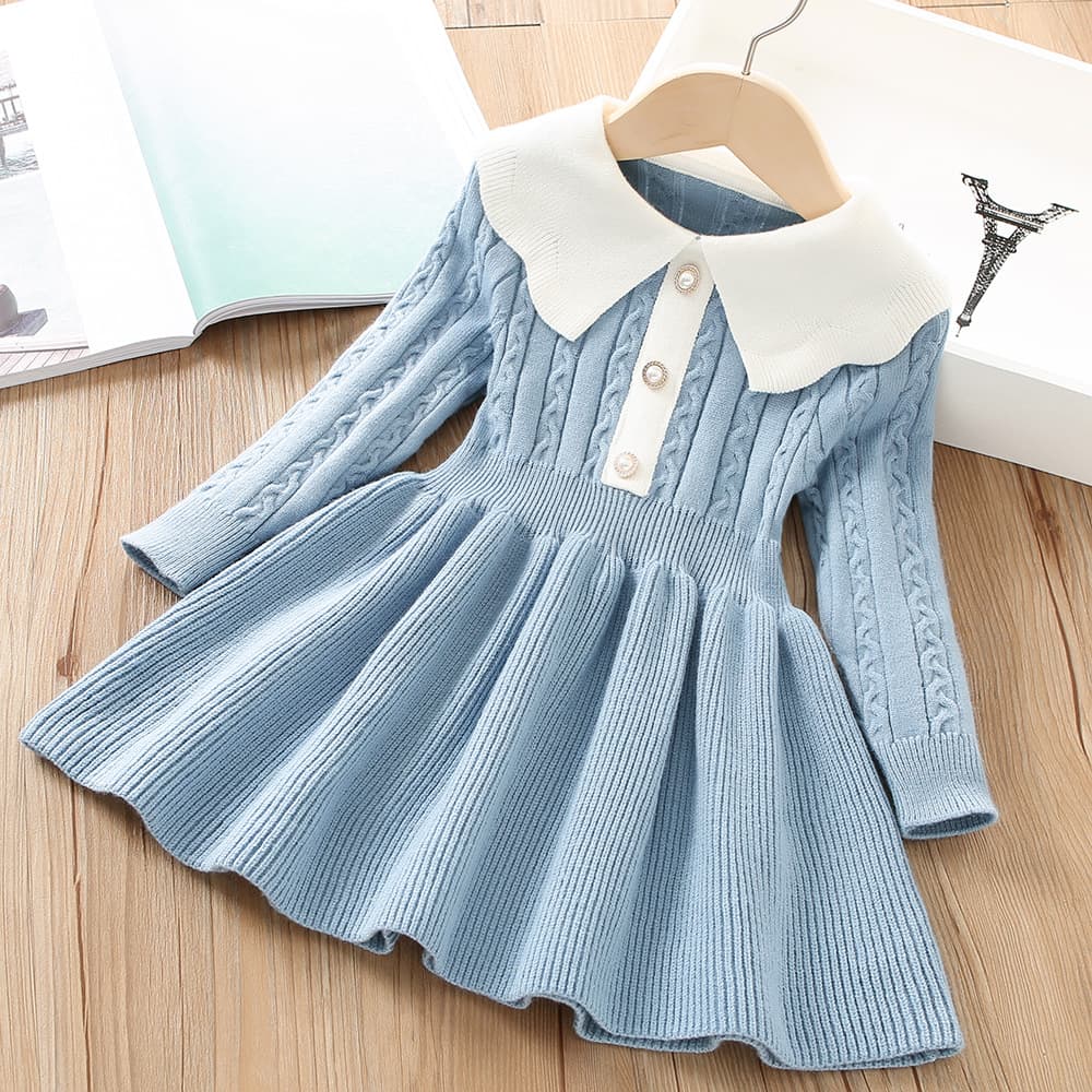 Girls' Knit Dress 2022 Winter New Korean Style Fashion Solid Color Little Girl's Long Sleeve Princess Dress Trendy