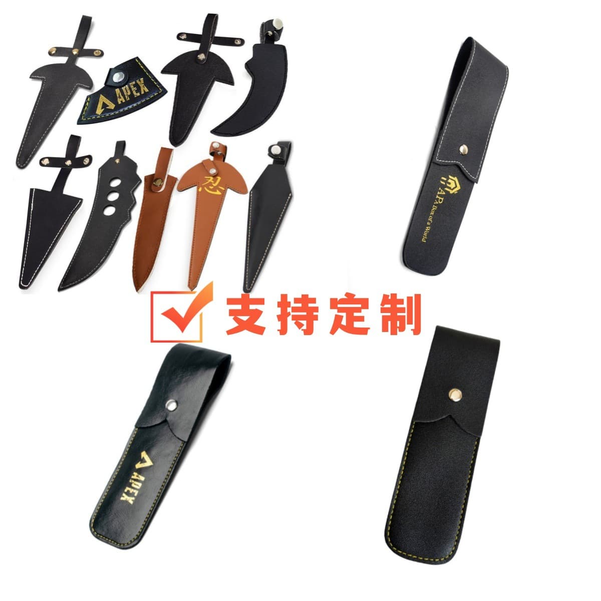 Ninja anime and game merchandise, including flame swords, butterfly knives, Asuma swords, Valorant weapon figures and leather cases.