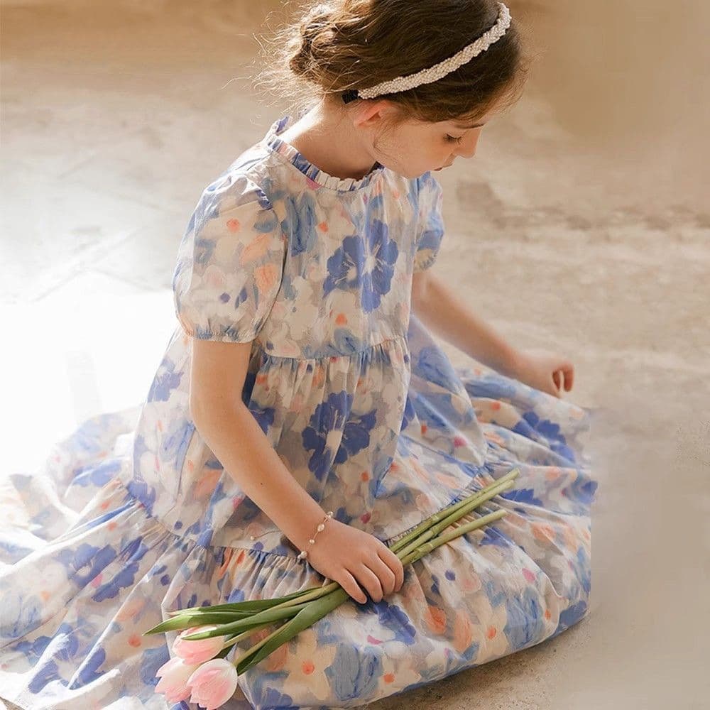 2025 new summer girls' cotton dress with fungus edge French retro oil painting long skirt children's floral skirt