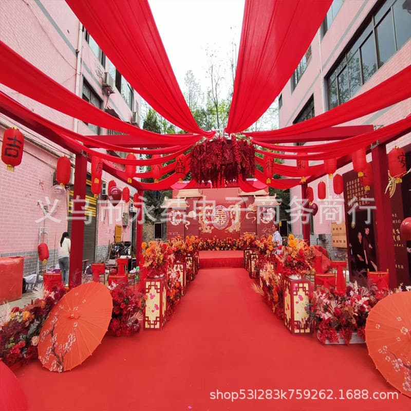 Chinese Style Rural Wedding Roof Shed Top Red Silk Satin Ribbon Festive Stage Top Decoration Auditorium Ceiling Red Cloth