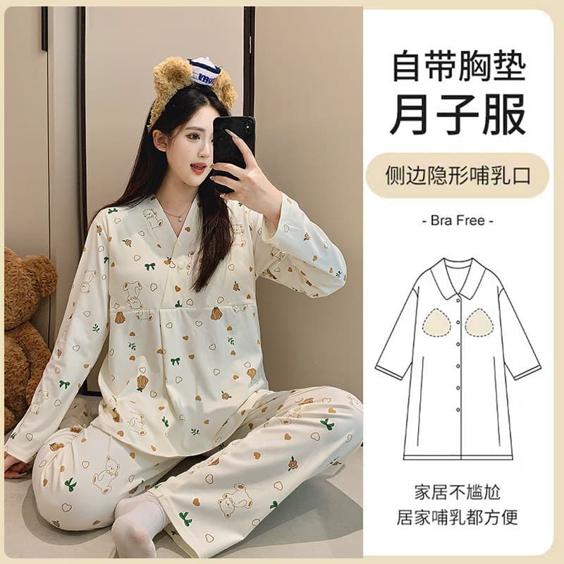 Maternity Pajamas Spring Autumn New Cotton Nursing Nightgown Breastfeeding Wear with Chest Pad Set