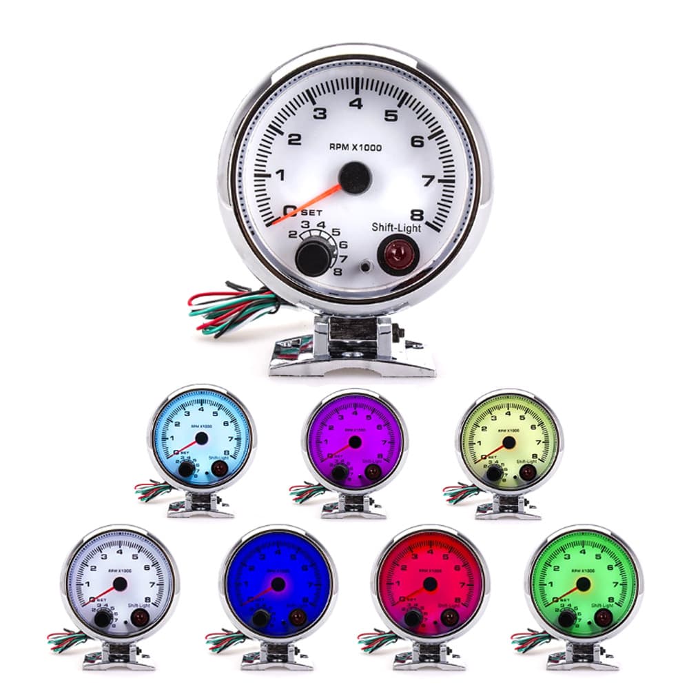 12V Automotive Modification Gauge 0-8000RPM 7-Color Background Light Tachometer Chrome-Plated Shell 3.75-inch