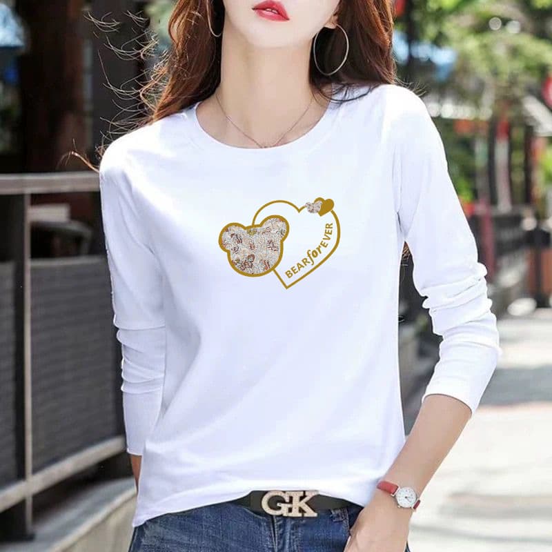 Women's Cotton Long-Sleeve T-Shirt, Spring/Autumn New Style, Slim Fit, Versatile Casual White Top, Solid Color, 100% Cotton