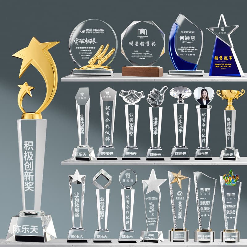 Crystal trophy with custom engraved solid wood resin color printing creative outstanding employees annual meeting honors children's basketball