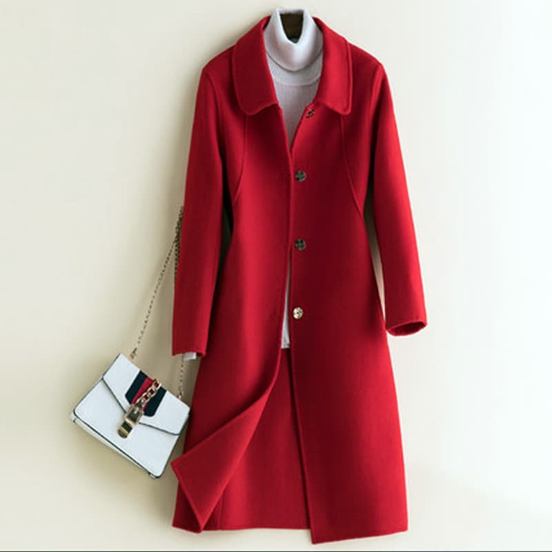 Slim-fit Double-faced Wool Coat for Women, Medium-Length Doll Collar Jacket, Fashionable Over-the-Knee Woolen Coat
