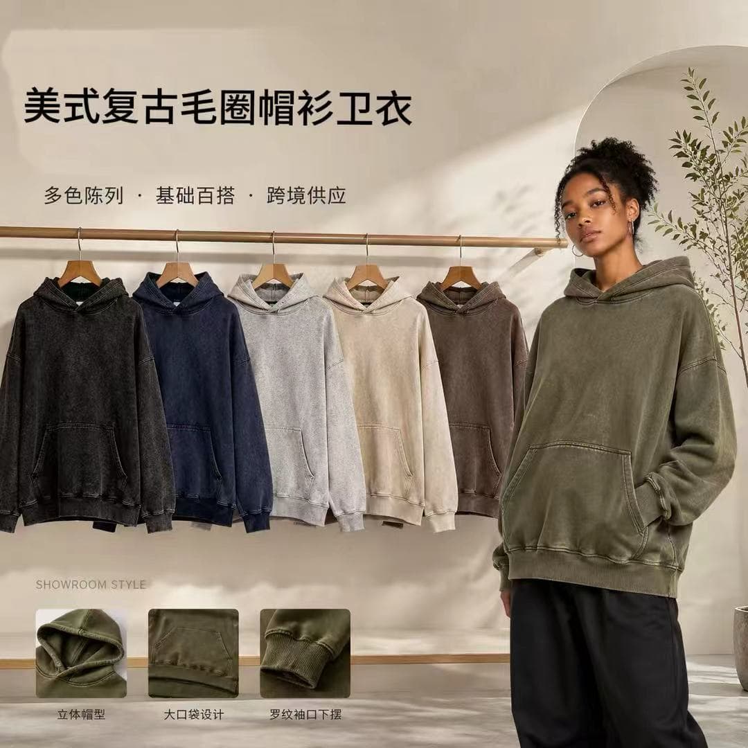 350g Washed Distressed Hoodie American Retro Fleece Unisex Loose Streetwear Pullover Hoodie