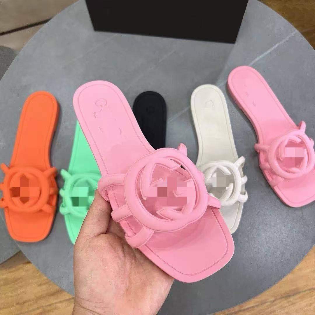 2025 Summer New Double G Casual Flat One-Strap Jelly Sandals Versatile Outdoor PVC Beach Sandals for Women