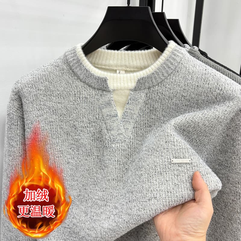 Trendy Melange Yarn Fleece-Lined Thickened Thermal Knit Sweater for Men, V-Neck, Fashionable Two-Layer Style