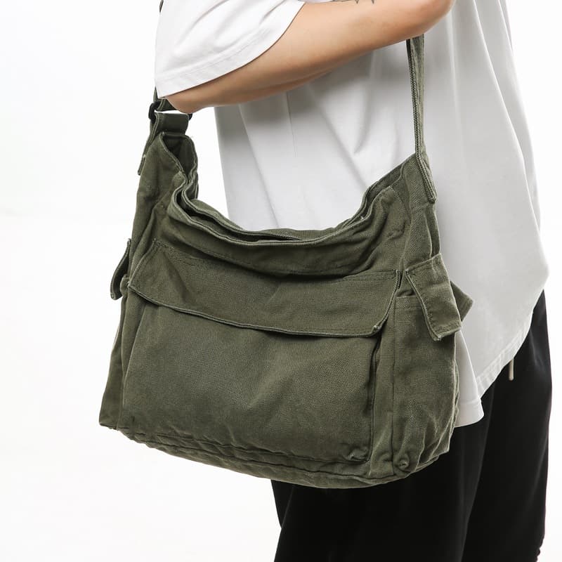 Japanese washed canvas bag for women, large capacity single shoulder bag for middle school, high school, and college students, casual style crossbody bag