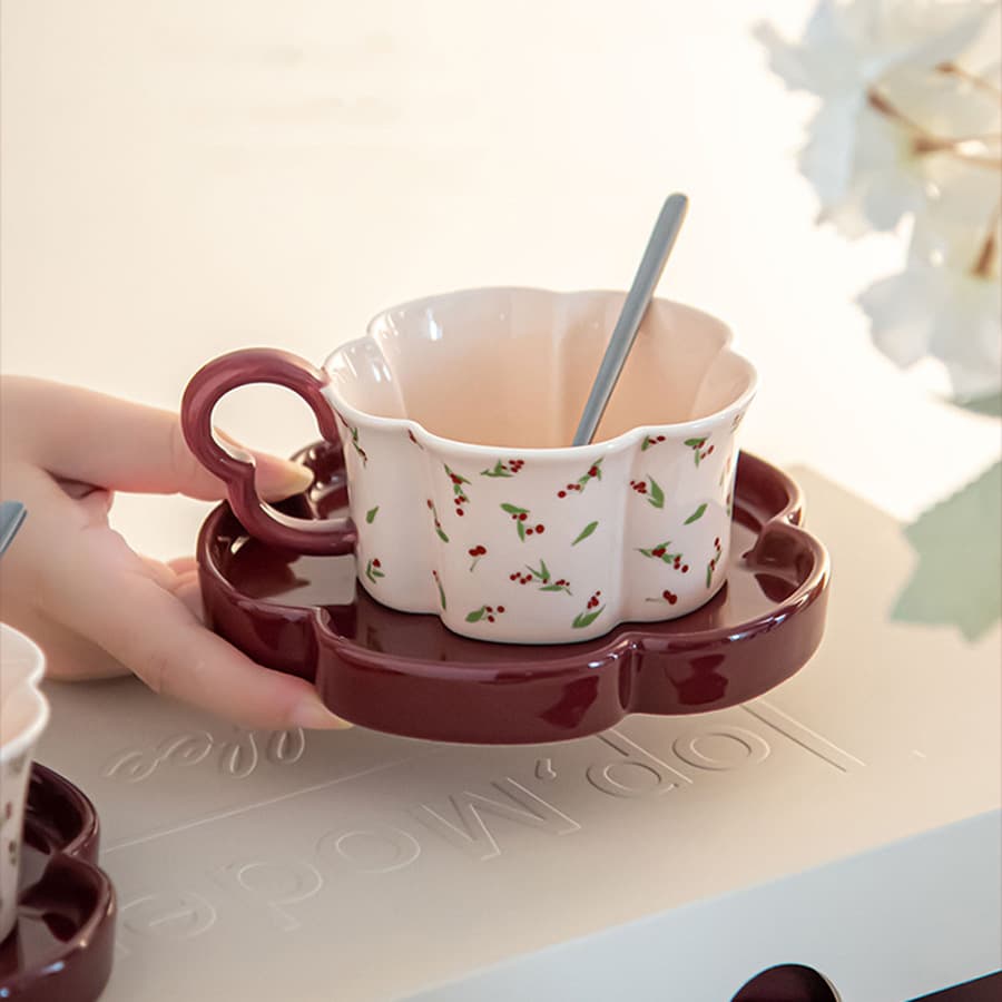 Cherry Petal Shaped Coffee Cup And Plate Set Elegant Office Afternoon Tea Supplies Nordic Style Floral Design Ceramicware