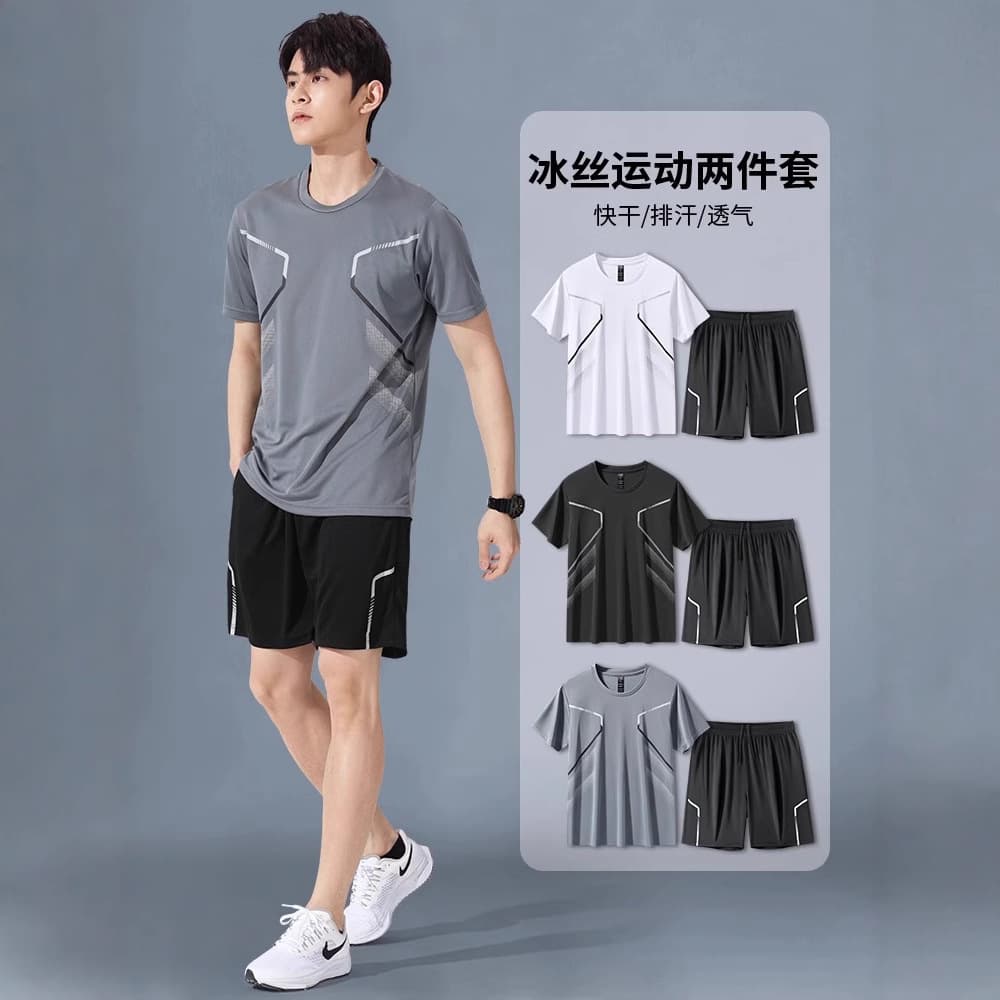 Cross-Border Sportswear Sets, Men's Running Short-Sleeve Ice Silk Summer Quick-Dry Shirts, Basketball Jackets, Feather Fitness Jackets, and Shorts