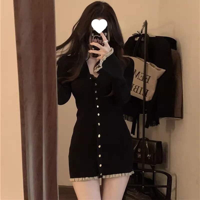 Sweet Hot Girl Pure Desire Style Tight Bodycon Little Black Dress Petite Chic Collar Knit Dress Autumn Winter New Arrival