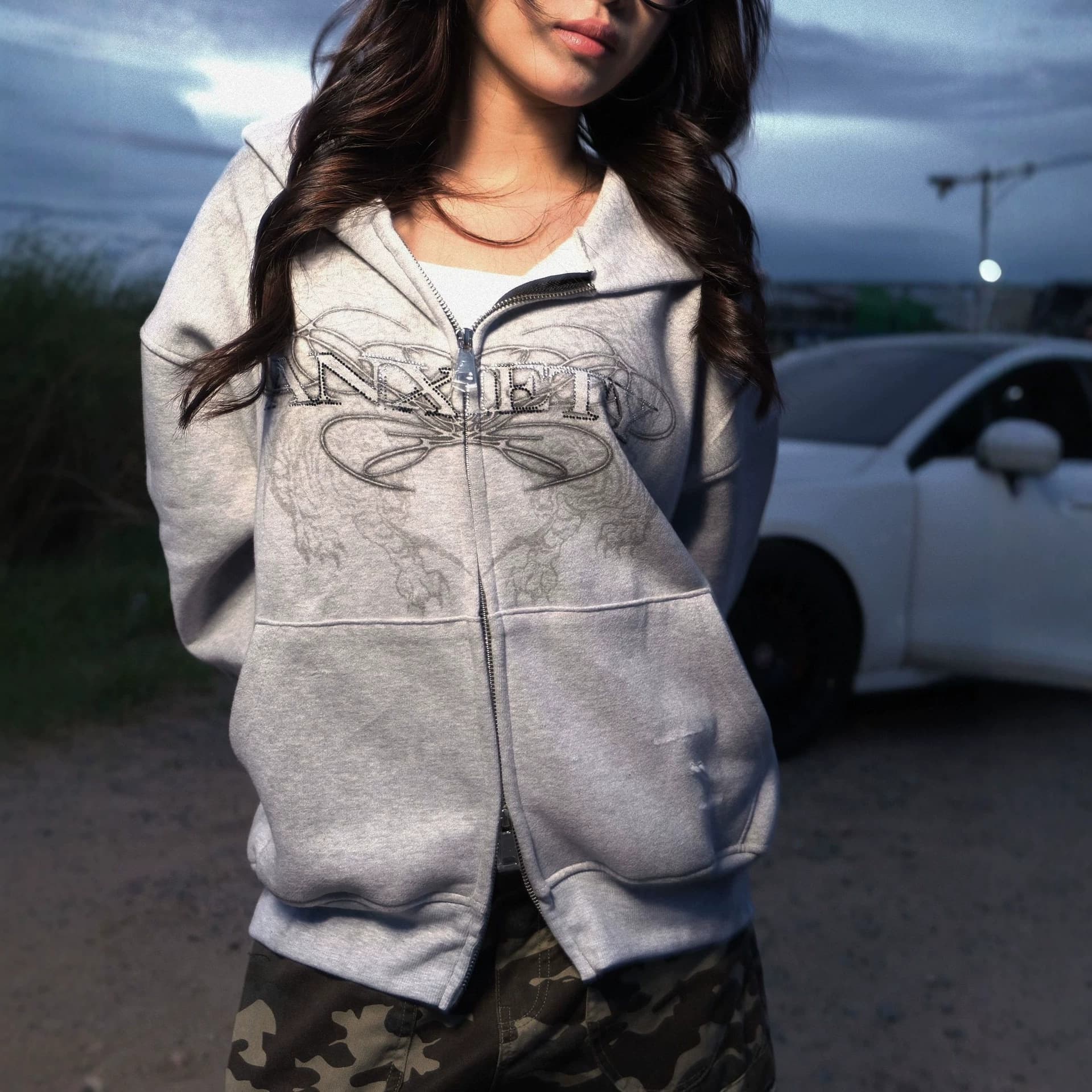 Y2K Retro Light Gray Embroidered Hoodie Set Zip-Up Cardigan + Jogger Pants Loose Fit Unisex