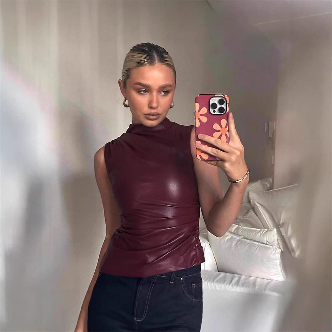 European and American Cross-Border 2025 Spring/Summer Sexy Retro PU Vest High-Waist Slim Sleeveless High-Neck Leather Women's Top