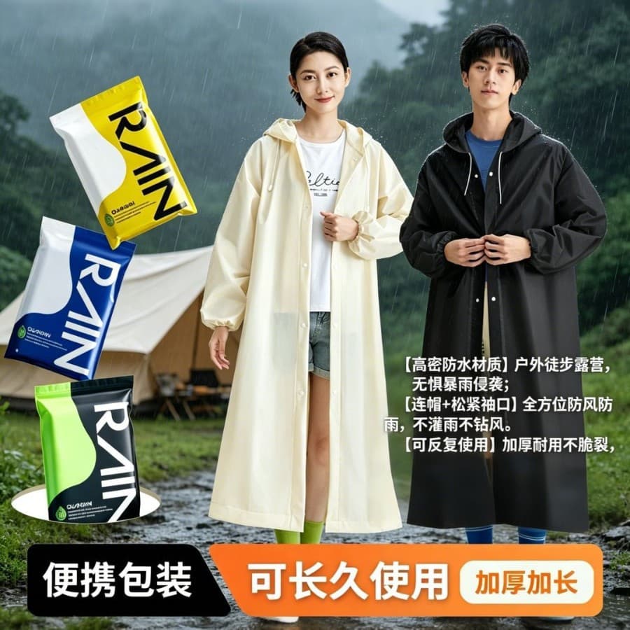 Upgraded Durable Full-Body Rain Poncho, Adult Long Raincoat, Waterproof Rainwear for Outdoor Travel, Hiking, Camping, Windproof and Rainproof Clothing