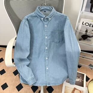 Japanese Retro Spring/Autumn Denim Shirt Men Long Sleeve Korean Style Work Shirt Spring/Summer Thin Casual Light Blue Jacket