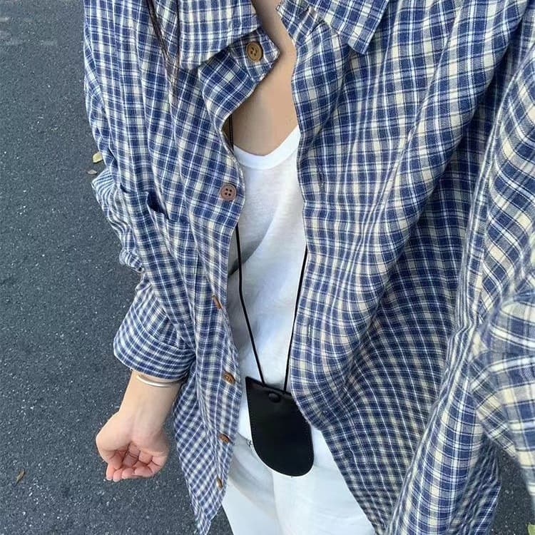 Vintage Blue Plaid Shirt Jacket for Women Early Autumn Lazy Casual Relaxed Outerwear Top Plaid Shirt for Women
