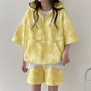 Korean Yellow Tie-dye Print Fashion Casual Short Sleeve Set for Women, Summer New Trendy Loose Hoodie Sportswear