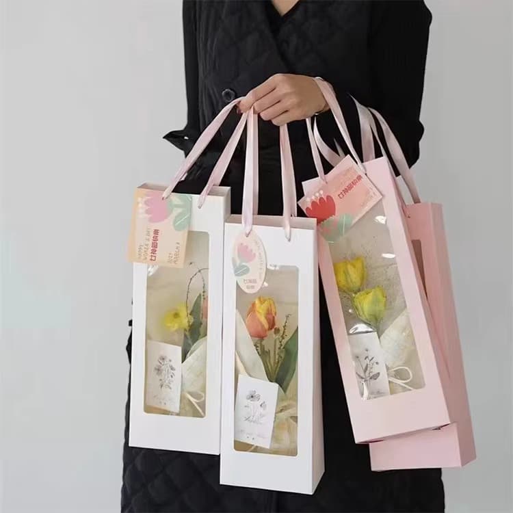 Custom Paper Bag Window Bag Flower Bouquet Transparent Handle Bag Fresh Flower Packaging Flower Arrangement Bag Valentine's Day Flower Gift Bag
