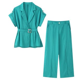 Cross-border European American Women's Fashion Notch Lapel Waist-cinching Blouse and Straight-leg Pants Set