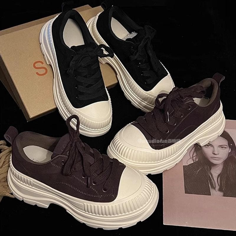 Platform Genuine Leather Sports Casual Shoes Women 2025 Spring Autumn Comfortable Crepe Sole Versatile Lace-Up Soft Sole Shoes