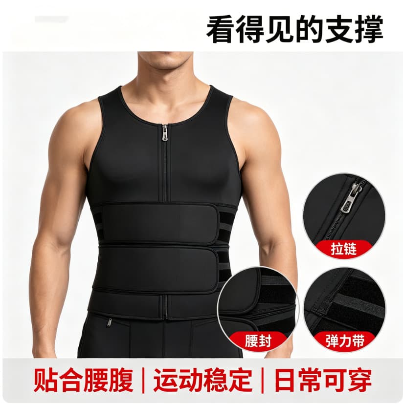 Men's Strong Tummy Control Vest Double Velcro Waist Shaper Zipper Sport Sweat Tight Body Shaper Vest