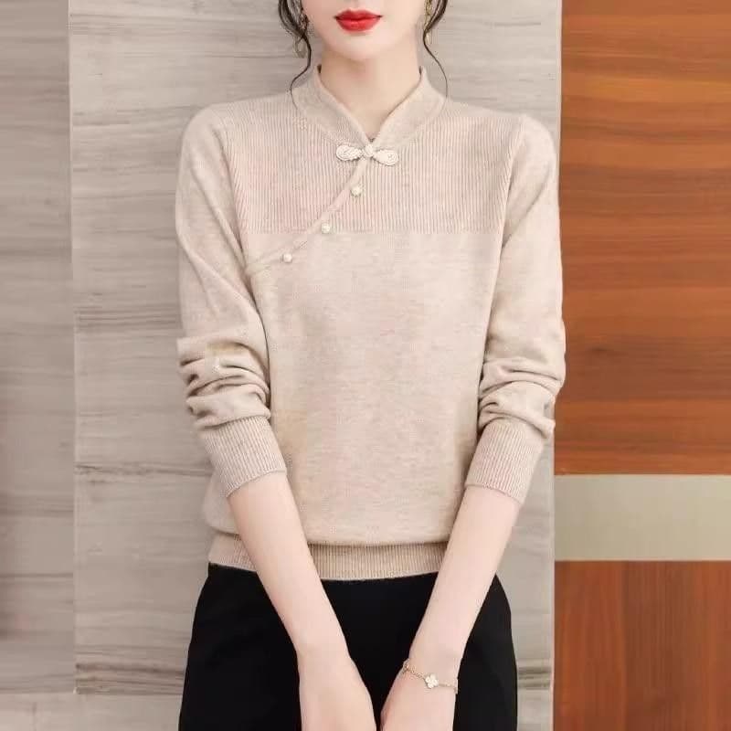 2026 Autumn Winter New Cheongsam Collar Knit Sweater Fashion Top Mom Wear Middle-Aged Women Thick Warm Sweater