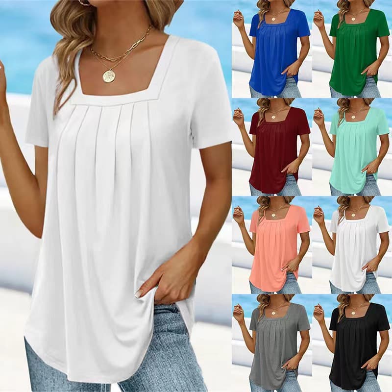 2023 Summer New Cross-Border Amazon European and American Women's Pleated Square Neck Solid T-Shirt Loose Short Sleeve