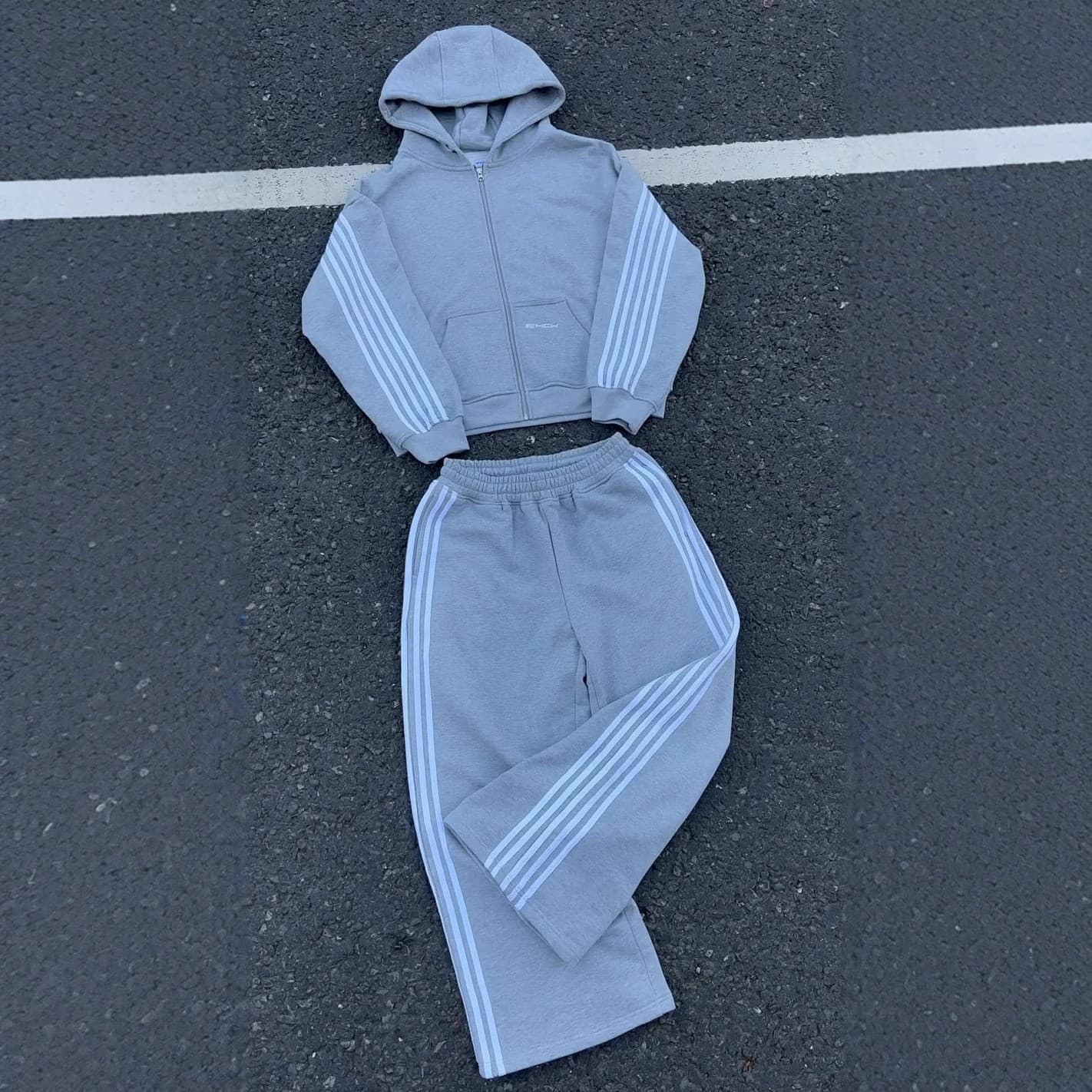 European and American cross-border hip-hop brand HCW striped print zipper hooded sweatshirt sweatpants two-piece casual suit