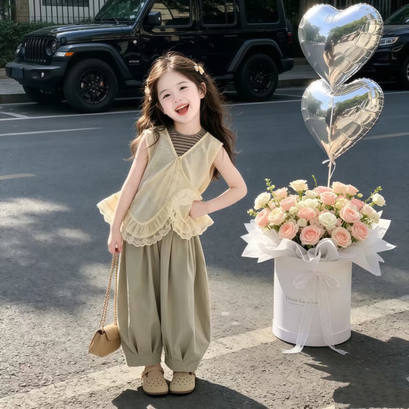 Girls summer suit 2026 new baby girl striped vest veil vest bloomers three-piece set children's clothing trendy