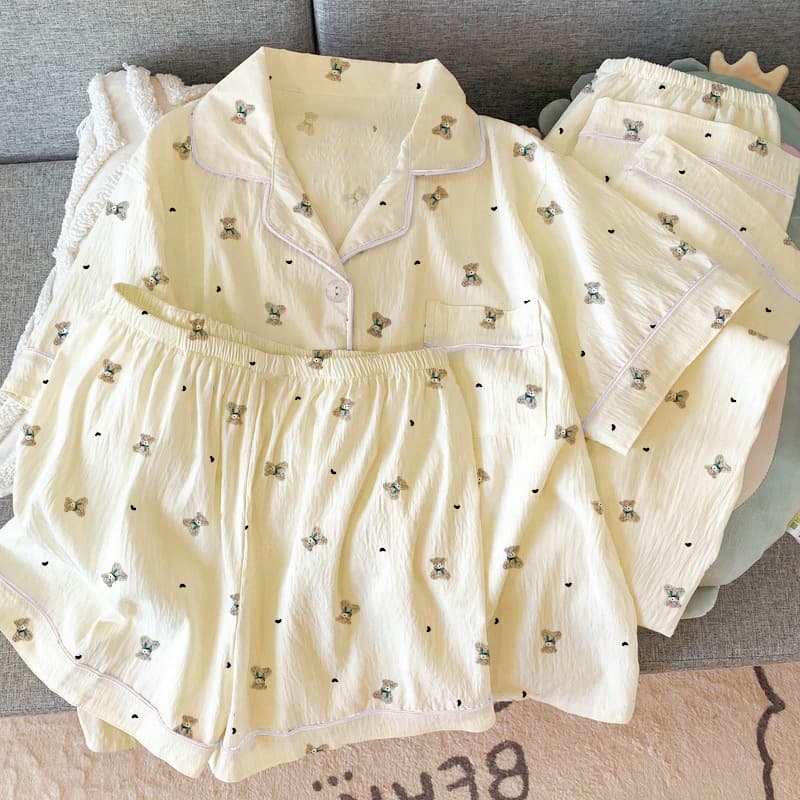 Cross-border Cartoon Pajamas Summer Women's Short Sleeve Three-Piece Homewear Wrinkle Fabric Real Shot