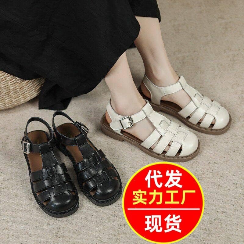 2026 New Retro Hollow Toe French Woven Roman Sandals for Women Summer Flat Large Size Casual Shoes