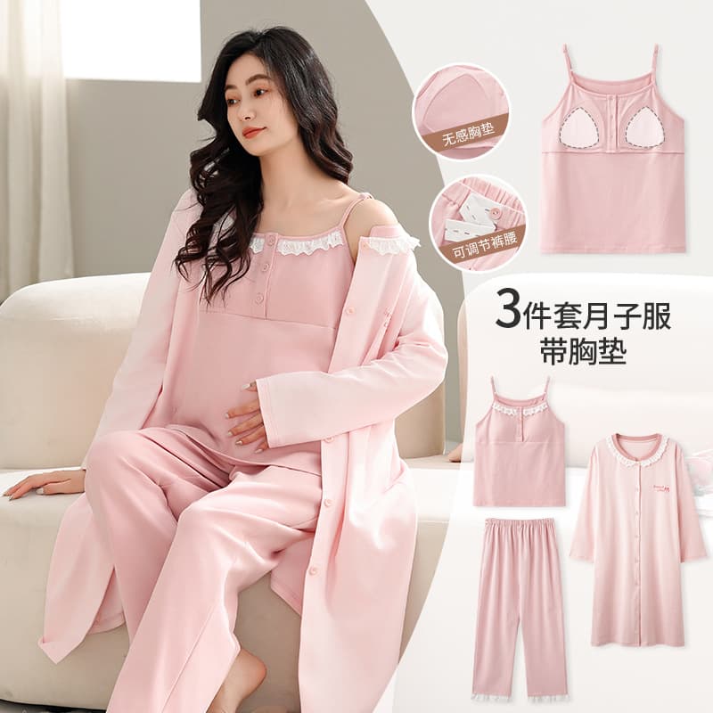Robe and Camisole 3-Piece Pajama Set for Pregnant Women, Autumn Style with Built-in Bra Pads, Long-Sleeve Vest, Long Pants, Homewear, Nursing Top