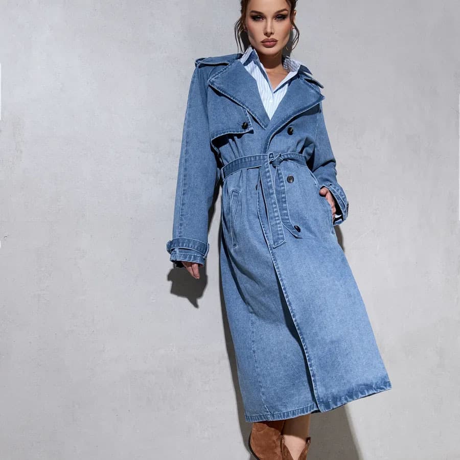Long Denim Trench Coat for Women