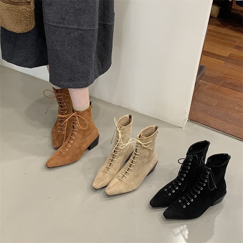 [Excluding Tax] Chunky Heel Square Toe Short Boots Women Lace-up Slim Boots Retro Mid Heel Back Zipper Fashion Boots Autumn Winter 2026
