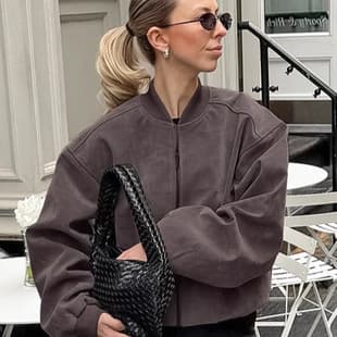 Gray Coat Women's Miladon Autumn/Winter Retro Suede Faux Suede American High Street Stand Collar Long Sleeve Pilot Zipper Jacket