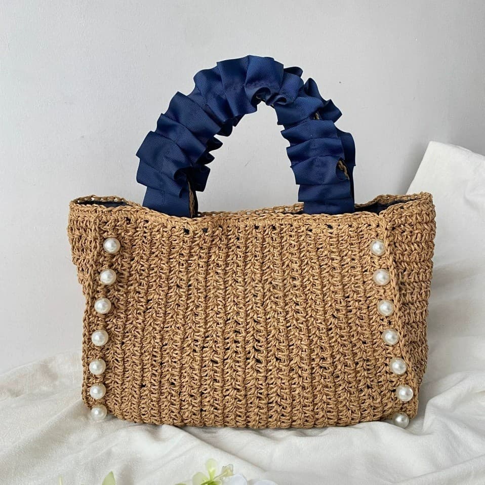 Pearl Handwoven Straw Bag, Casual Style Handbag for Women, Vacation Beach Bag, Leisure Tote